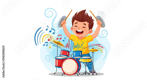 Cartoon boy happily playing drum set with musical notes