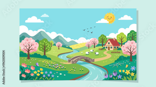 Spring Landscape with a Cottage River and Blooming Trees
