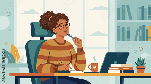 Thoughtful Woman Working From Home Office