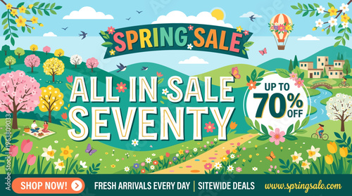 Spring Sale Banner with Mountains Nature Elements and Discount