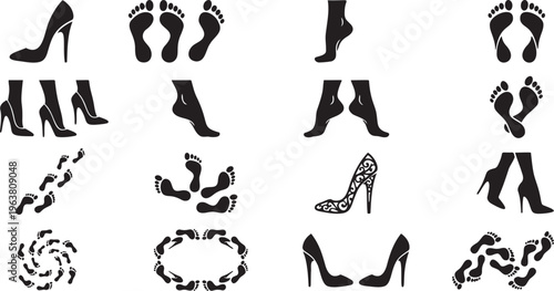 Stylish Female Footprints and High Heel Shoe Silhouette Icon Set.