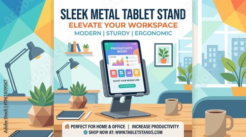 Sleek Metal Tablet Stand in Modern Workspace