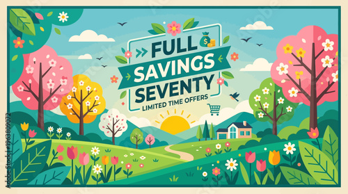 Spring Savings Banner with Floral Landscape
