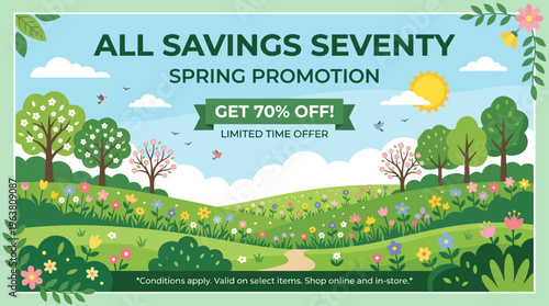 Spring Promotion Banner with 70% Off and Landscape