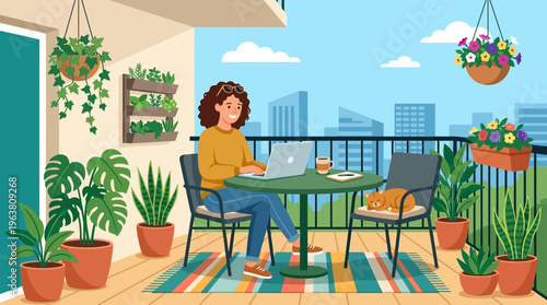 Woman Working on Laptop on Balcony with Plants