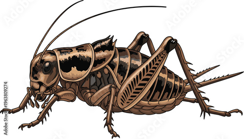 Detailed Illustration of a Cricket Insect with Brown and Black Body Patterns for Nature, Wildlife, and Entomology Design Projects