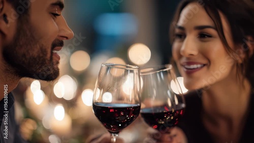 A joyful couple clinks glasses of red wine during a romantic evening, surrounded by warm candlelight and a cozy atmosphere. Their smiles reflect happiness and genuine connection