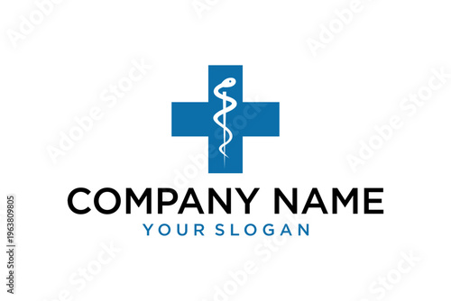 Blue Medical Cross Logo with Rod of Asclepius Symbol