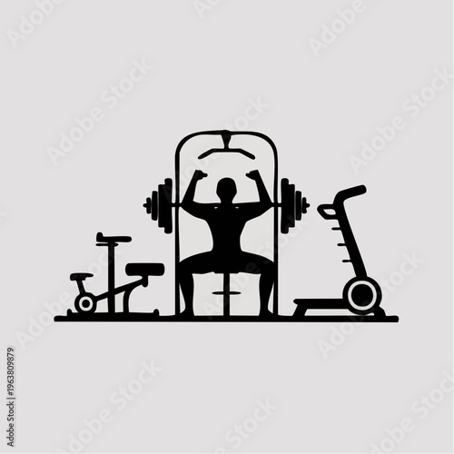 Black silhouette illustration of man lifting weights at gym station wi