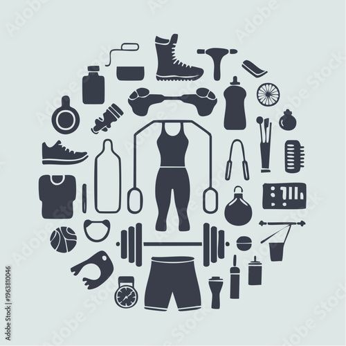 fitness workout silhouette with dumbbells and gym equipment