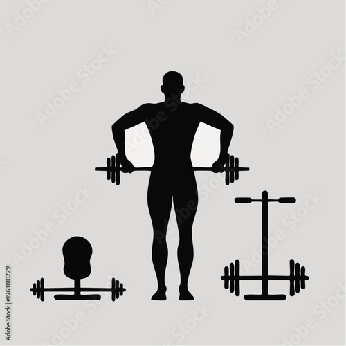 Black silhouette of muscular man lifting dumbbells gym cardio illustra