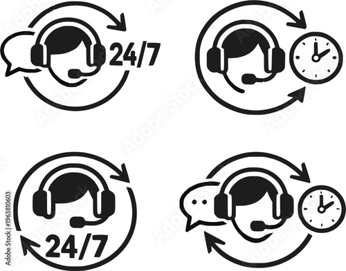 24/7 customer service available icon sets, helpline number available 