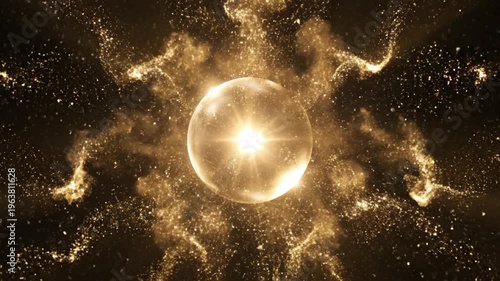 Golden orb surrounded by shimmering dust suitable for celestial, magical, fantasythemed designs, backgrounds, or artistic projects. Ideal for dreamy concepts.