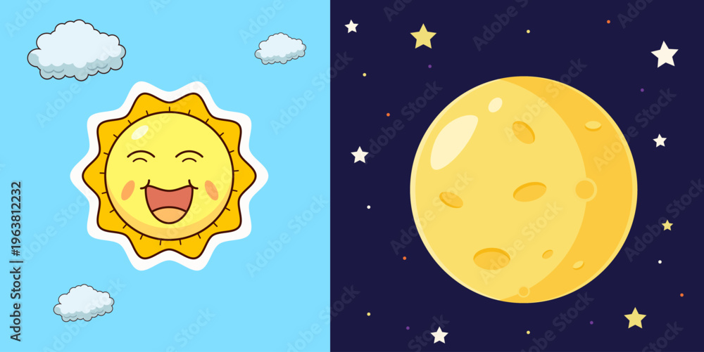 Naklejka premium Day and Night Illustration – Sun and Moon Cartoon Design, Cute Weather Concept, Sky and Space Educational Graphic