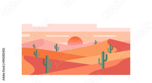 Sunset over a desert landscape with rolling hills and cacti silhouettes