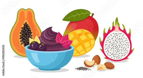 Vibrant bowl of acai topped with fruit and nuts on a white background illustration