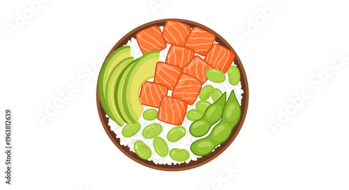 A vibrant bowl of sushi rice topped with salmon sashimi avocado slices and edamame beans.