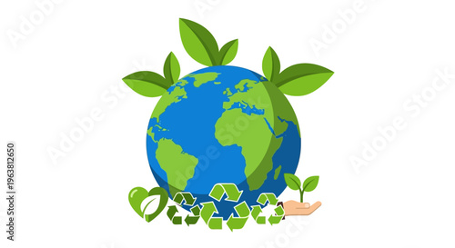 A hand holds a green globe with leaves and recycling symbols around it on earth.
