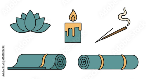A serene yoga setup with rolled mats, a lotus flower, candle, and incense.