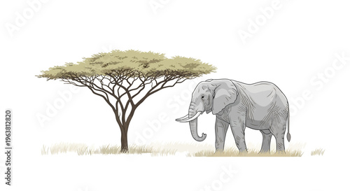 An elephant stands under a tree on savannah grasslands in a serene natural environment.