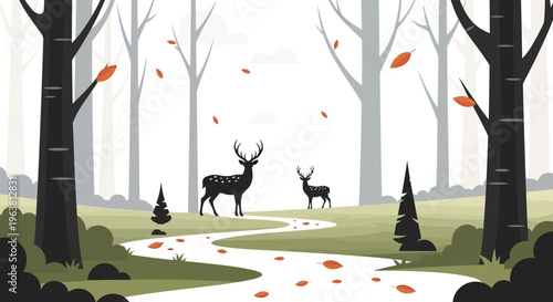 Deer stand on winding forest path with trees and autumn leaves falling.