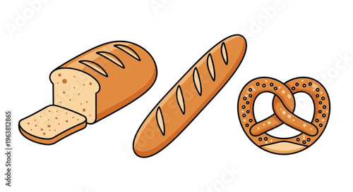 Illustration of bread and pretzel on white background for food concept