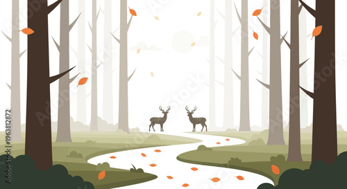 Deer stand on a winding forest path with autumn leaves and trees.