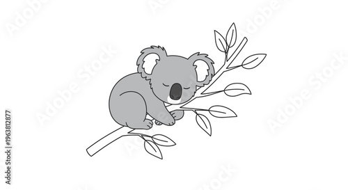 A cute koala sleeps peacefully on a tree branch surrounded by leaves.