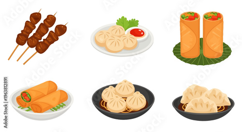 Variety of Asian dumplings and meat skewers on plates and leaves on a table setting.