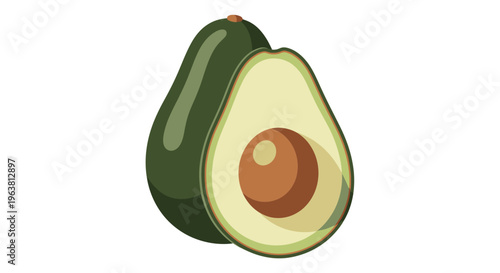 An illustration shows a cut avocado with pit on a white background.