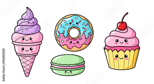 Colorful cartoon sweets treats arranged on white