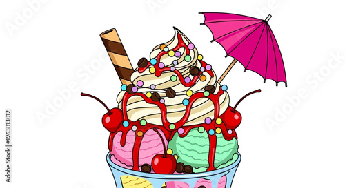 Colorful ice cream sundae with umbrella and toppings in a decorative bowl outside