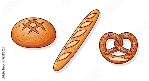 An illustration of bread, baguette and pretzel on a white background.