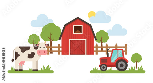 A cow stands next to a red tractor and barn on a farm with trees.