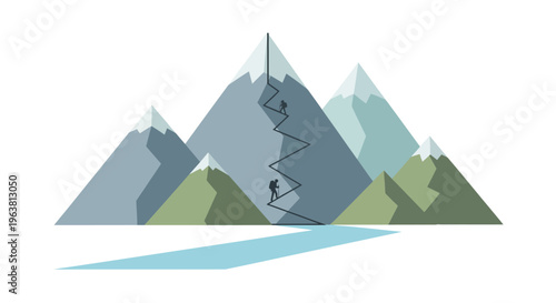Two climbers ascend a mountain via a zigzagging staircase amidst green and blue peaks.