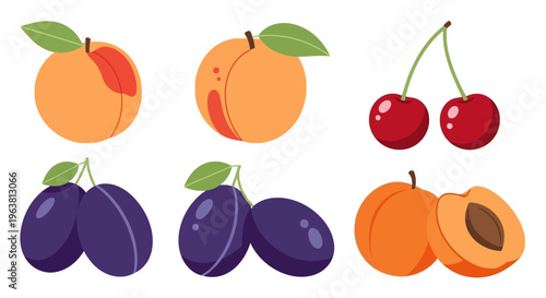 Colorful illustrations of various fruits on white background including peaches and plums.