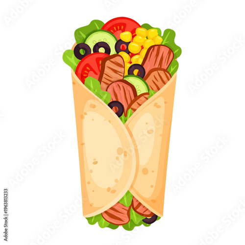 Vibrant vector illustration of a delicious savory wrap, packed with fresh ingredients like seasoned protein, crisp vegetables, sweet corn, and olives, offering a wholesome and satisfying meal