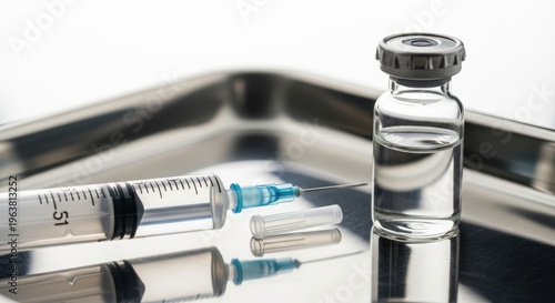 Sterile medical equipment including a syringe and a sealed glass vial rests on a reflective metal tray.