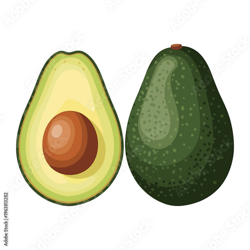Fresh and ripe green avocados, one whole and one halved to reveal its creamy flesh and large pit, illustrated as healthy, nutritious fruit ideal for food, diet, and cooking-related projects