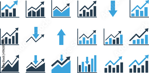 A comprehensive collection of financial charts and graphs icons illustrating market trends, including upward growth, downward decline, and various data representations for business analysis.