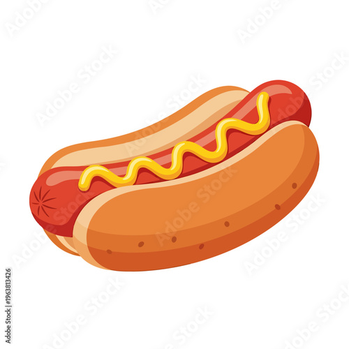 A vibrant cartoon illustration of a traditional hot dog, complete with a savory sausage nestled in a soft bun and drizzled with bright yellow mustard, perfect for a quick snack or casual meal