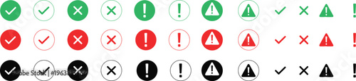 Comprehensive collection of user interface icons featuring checkmarks, crosses, exclamation marks, and warning triangles in various styles and colors.