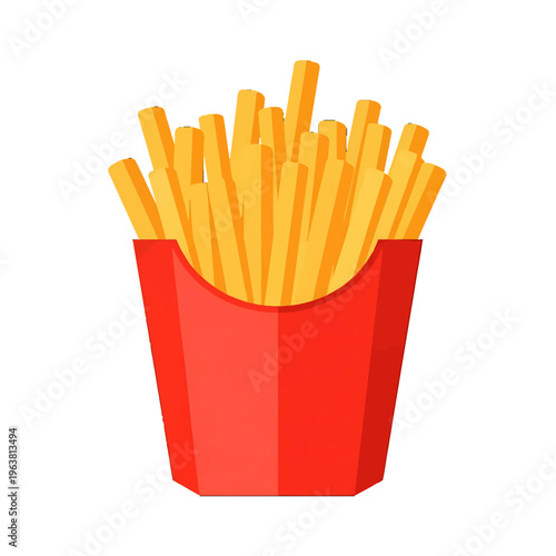 Vibrant vector illustration of classic golden french fries served in a bright red paper container, symbolizing a popular fast food snack or a delicious meal accompaniment with a crispy texture