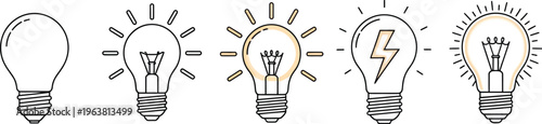 A set of five minimalist light bulb icons in a row, depicting the progression from an unlit state to a fully glowing and illuminated idea or concept.