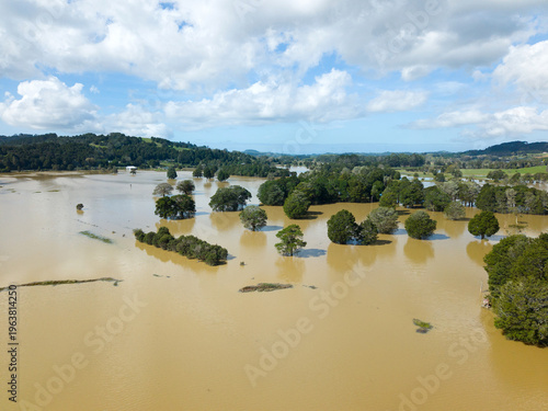 Flooded farmland aerial after heavy rain in Northland New Zealand