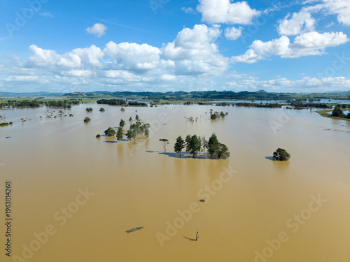 Flooded farmland aerial after heavy rain in Northland New Zealand
