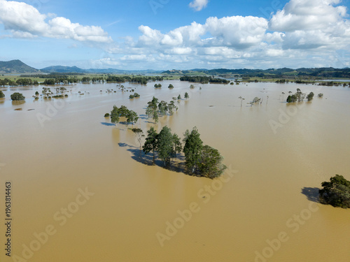 Flooded farmland aerial after heavy rain in Northland New Zealand