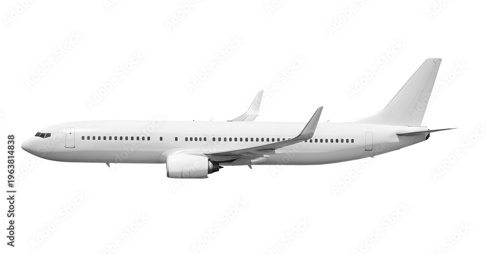 Obraz premium Close up side view of white airplane fuselage showing windows and winglet during flight isolated on a transparent background for airline branding and transportation marketing materials