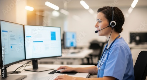 Healthcare professional communicates using a headset while working on dual computer monitors displaying data.