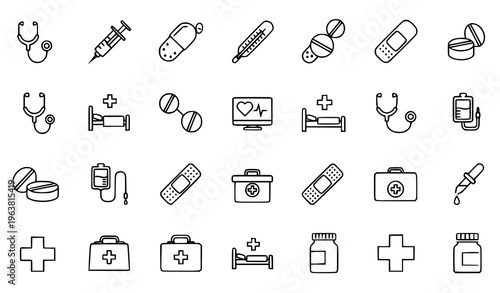Healthcare and Medical Line Icon Set Featuring Stethoscope, Syringe, Pills, Capsules, Thermometer, IV Drip, Hospital Bed, and First Aid Symbols for Clinical Design